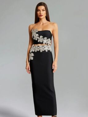 Strapless Black Midi Dress with Crystal Floral Appliqué